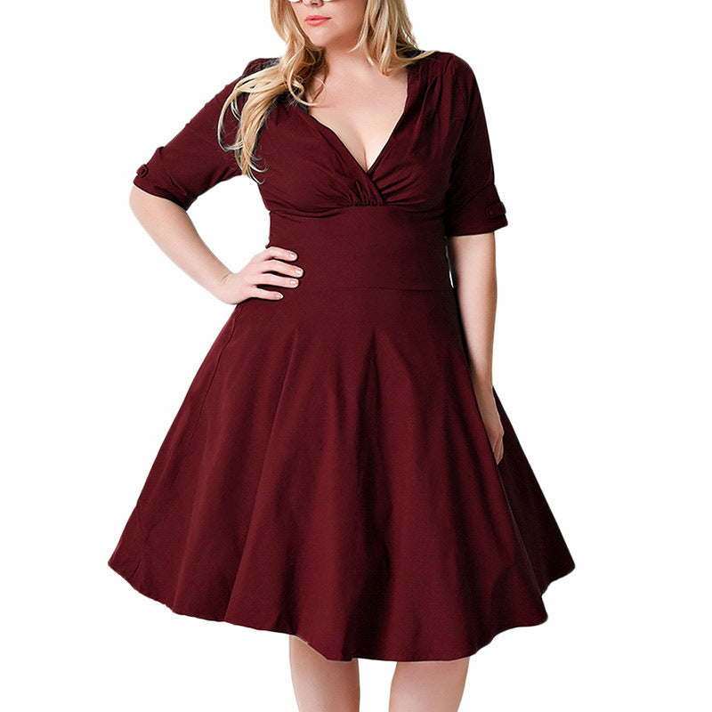 Women Plus Size MIDI Dressesv Collar Mid-Sleeve Large Swing Dress
