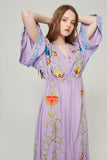 Women Dresses Flower Embroidered V-neck Large Bell Sleeve Maxi Dress