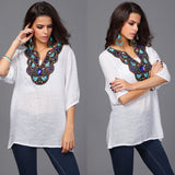 Women Plus Size Tops Embroidered Short Sleeve Loose Casual Lantern Sleeve Mid-Length Top