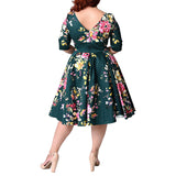 Women Plus Size Midi Dresses Middle-Sleeve Floral-Print Large Swing A- Line Dress