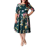 Women Plus Size Midi Dresses Middle-Sleeve Floral-Print Large Swing A- Line Dress