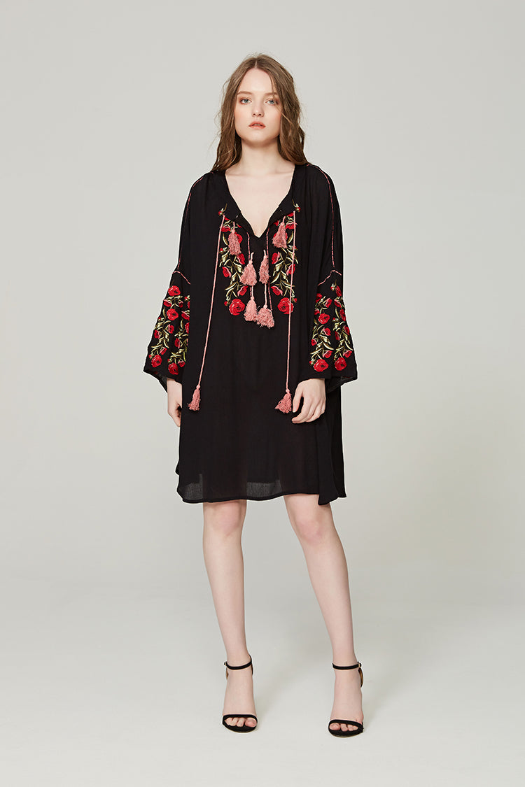 Ethnic Style Embroidered Flower Drawstring Loose Beach Dress