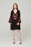 Ethnic Style Embroidered Flower Drawstring Loose Beach Dress