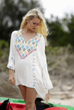 Women Dresses Embroidered V-neck Bohemian Holiday Flowers Shirt Dress
