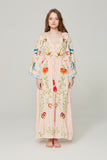 Women Dresses Flower Embroidered V-neck Large Bell Sleeve Maxi Dress