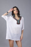 Women Plus Size Tops Embroidered Loose Short Sleeve Mid-Length Top