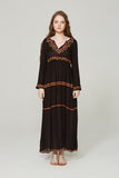 V-neck Embroidered Flower High Waist Bohemian Flare Sleeve Holiday Dress