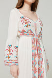 Women Dresses Embroidered V-neck Big Cuff Solid Color Dress