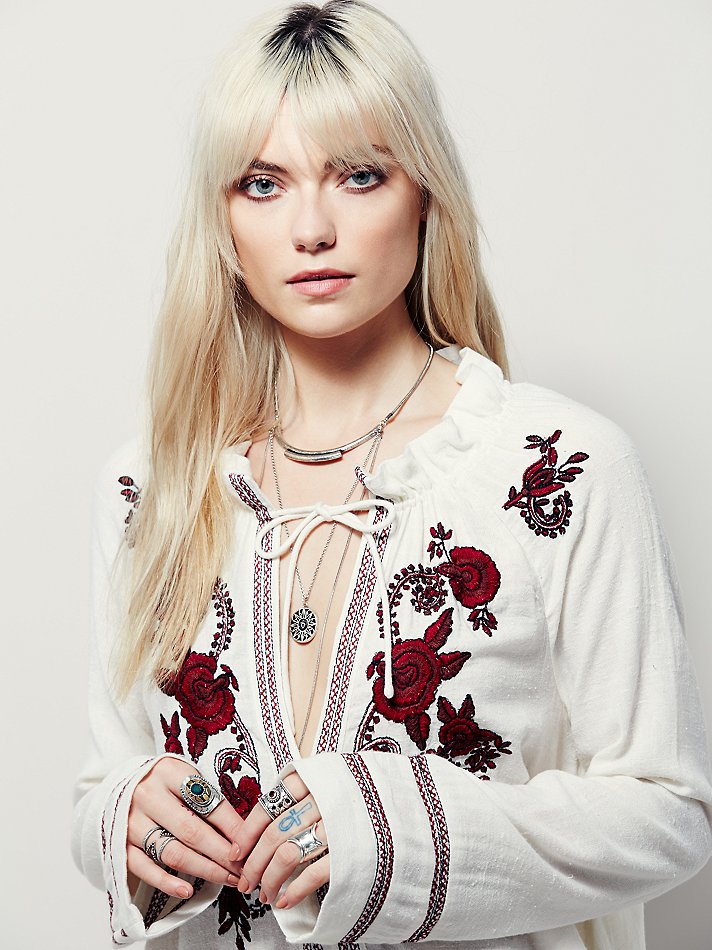 Embroidered Floral V-neck Lace-up Flower Shirt