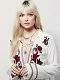 Embroidered Floral V-neck Lace-up Flower Shirt