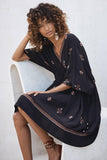 Women Dresses Ethnic Style V-neck Embroidered Simple Loose Waist Dress