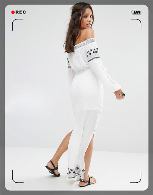 Women Dresses Ethnic Style Embroidered Split Maxi Dress