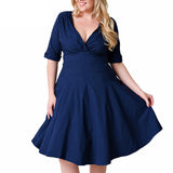 Women Plus Size MIDI Dressesv Collar Mid-Sleeve Large Swing Dress