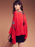 Women Top Summer V-neck Embroidered Cotton and Linen Bell Sleeve