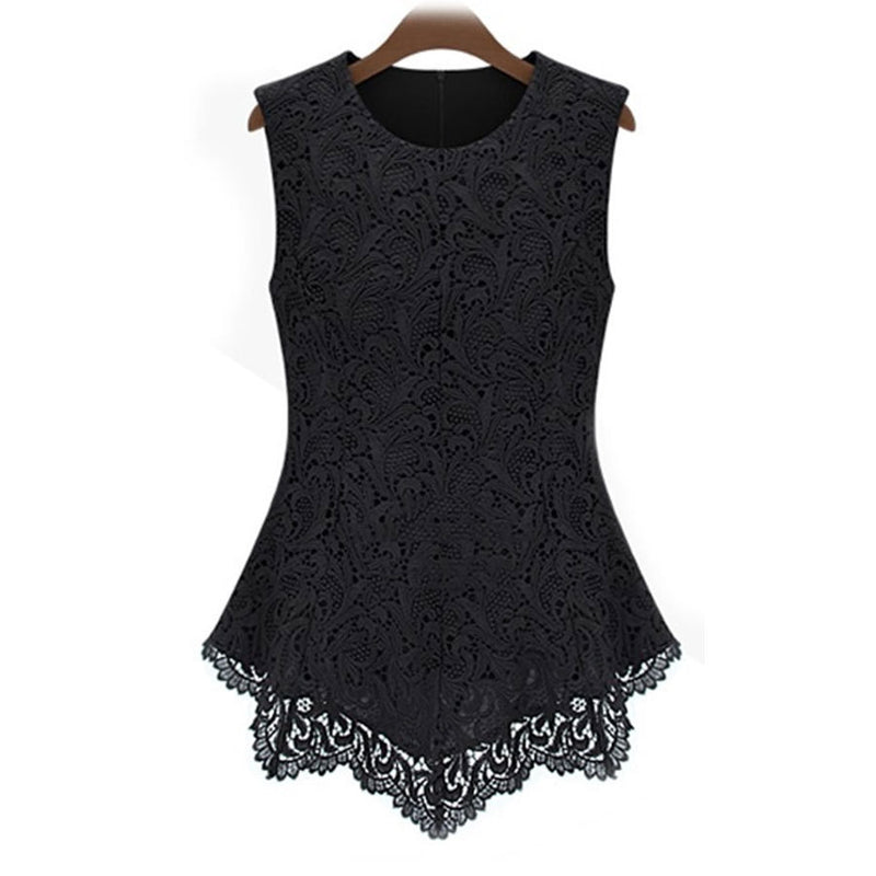 Women Plus Size Tops Summer Sleeveless Chiffon Lace Shirt Round Neck Top