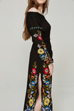 Spring Greek Sea Vacation Style off-the-Shoulder Embroidered Flower Split Dress