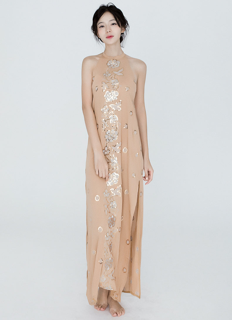 Sequined Embroidered Flower Backless Split Beach Dress