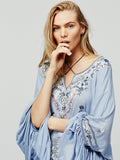 Women Top Summer V-neck Embroidered Cotton and Linen Bell Sleeve