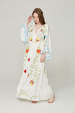 Women Dresses Flower Embroidered V-neck Large Bell Sleeve Maxi Dress