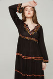 V-neck Embroidered Flower High Waist Bohemian Flare Sleeve Holiday Dress