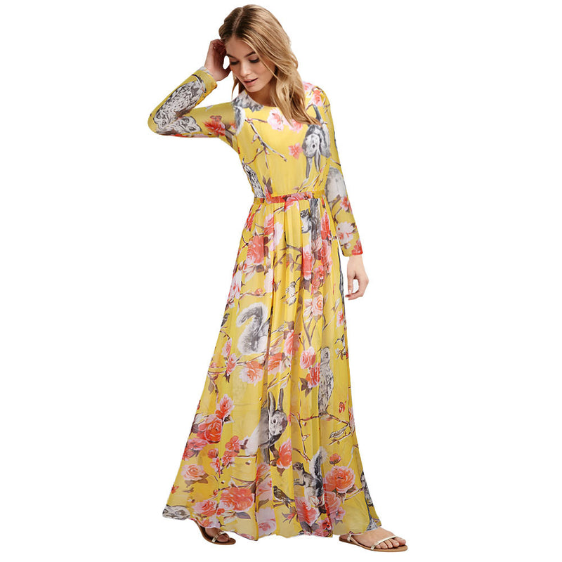 Women Plus Size Maxi Dresses Owl Print Long Sleeve Large Swing Chiffon Evening Long Dress