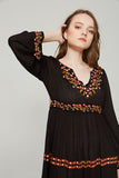 V-neck Embroidered Flower High Waist Bohemian Flare Sleeve Holiday Dress