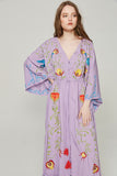 Women Dresses Flower Embroidered V-neck Large Bell Sleeve Maxi Dress