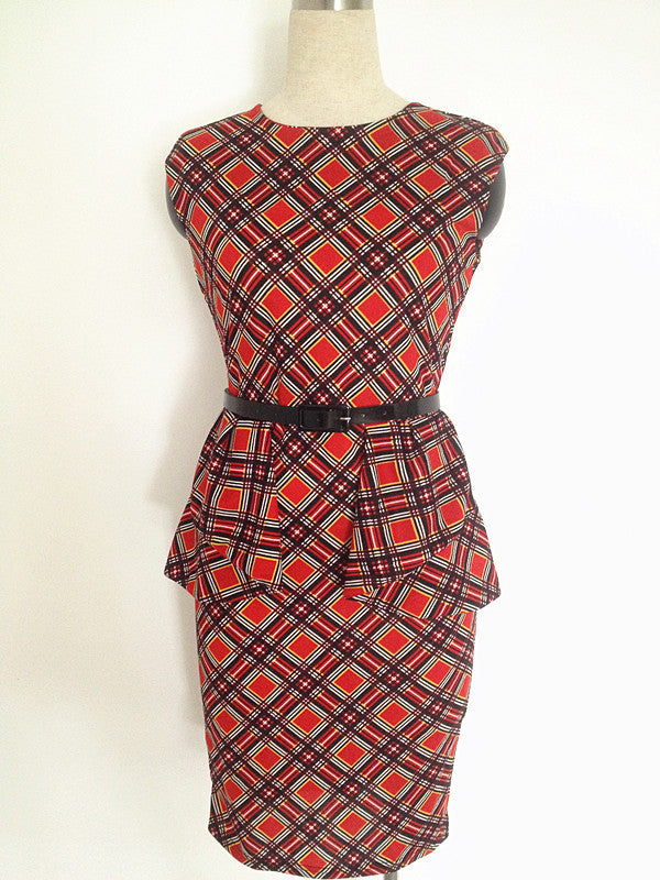 Women Plus Size Midi Dresses Vintage Red Plaid  Sleeveless Bodycon Dress