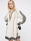Ethnic Style V-neck Totem Embroidered Long Sleeve Loose Dress
