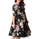 Women Plus Size Midi Dresses Middle-Sleeve Floral-Print Large Swing A- Line Dress