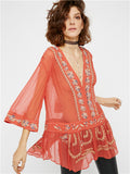 Women Dresses Deep V-neck Embroidery Pattern Wide Sleeve See-through Shirt Dress