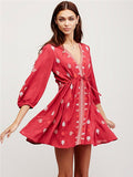 Women Dresses Summer Three-Quarter Sleeve Lace-up Embroidered Dress