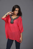 Women Plus Size Tops Embroidered Loose Short Sleeve Mid-Length Top