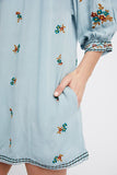 Embroidered Flower V-neck Three-Quarter Sleeve Shirt Loose Dress