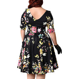 Women Plus Size Midi Dresses Middle-Sleeve Floral-Print Large Swing A- Line Dress