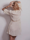 Women Dresses Embroidered V-neck Lace-up Loose Mini Mid-Sleeve Dress