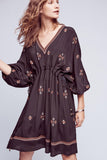 Women Dresses Ethnic Style V-neck Embroidered Simple Loose Waist Dress