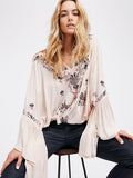 Women Top Summer V-neck Embroidered Cotton and Linen Bell Sleeve