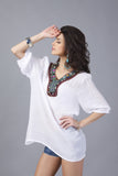 Women Plus Size Tops Embroidered Loose Short Sleeve Mid-Length Top