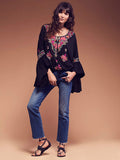 Women Top Summer V-neck Embroidered Cotton and Linen Bell Sleeve
