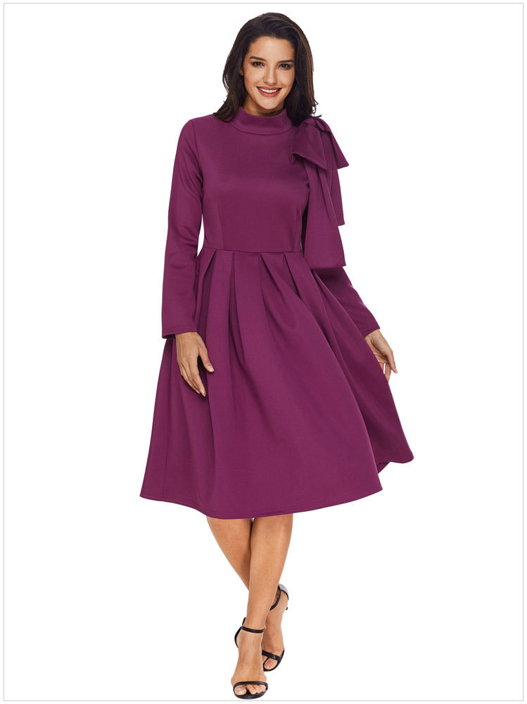 Women Plus Size Midi Dresses Turtleneck Bow Long Sleeve Zipper High Waist Dress