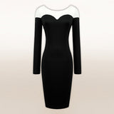 Women Plus Size Midi Dresses Black and White Stitching Bodycon Slim Retro Long Sleeve Dress