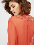 Women Dresses Deep V-neck Embroidery Pattern Wide Sleeve See-through Shirt Dress