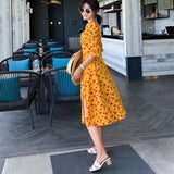 Flower Print Holiday Dress Slit Hemline Print Off-Neck Strawberry Beach Dress  At Hem