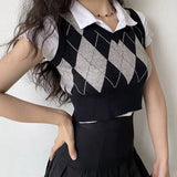 Preppy Aesthetic Outfits Spring Vintage Hit Color Diamond Lattice Knitted Waistcoat for Women V-neck Pullover Sweater