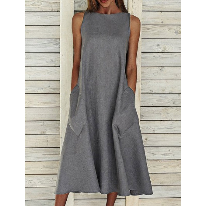 Work Dresses with Pockets round Neck Sleeveless Double Pocket Dress