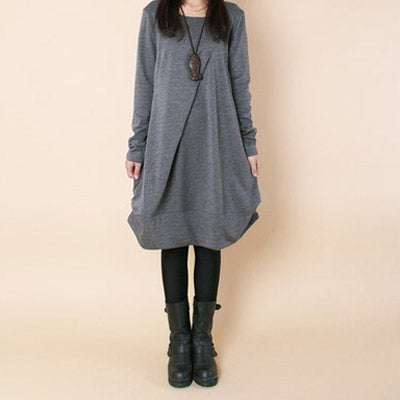 Work Dresses with Pockets Autumn Large Size Loose Casual round Neck Long Sleeve Dress