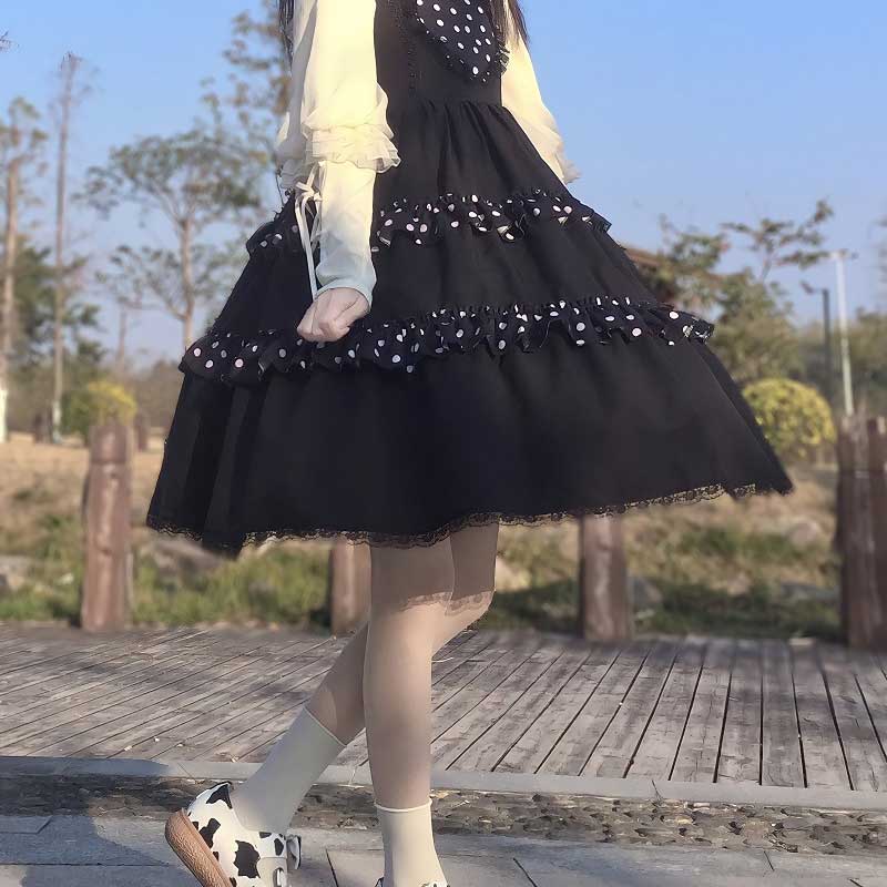 Gothic Lolita Harajuku Style Clothing Summer Polka Dot Love Princess Solid Color Dress Suspender Dress