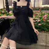 Gothic Lolita Harajuku Style Closing off-the-Shoulder Bow Waist Slimming Solid Color Dress