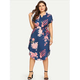 Women Plus Size Maxi Dresses Printed Casual Short Sleeve V-neck Loose Mid-Length Dress